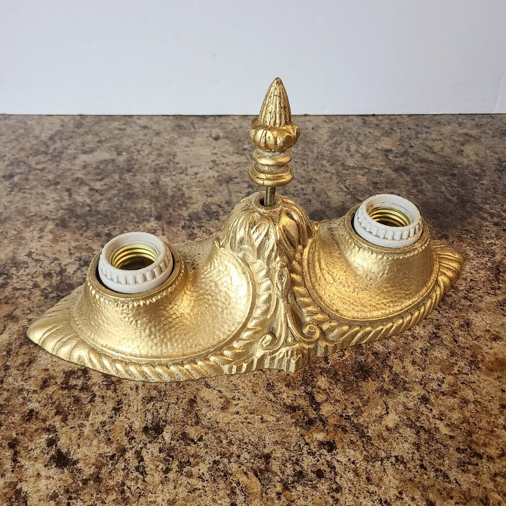 Vintage Moe Bridges Ceiling Light Fixture, Cast Iron, Gold Finish, Double Lights